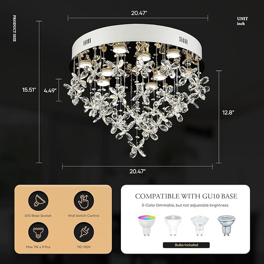 9-Lights Modern Chandelier K9 Crystal Lighting Fixture,20 Inch Round Stainless Steel Flush Mount Ceiling Lights for Bedroom Foyer Hallway Dining Room,GU10 Bulbs Include