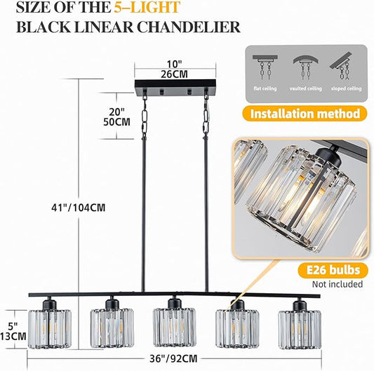 Luxury Crystal Island Lights 5-Light Linear Pendant Kitchen Island Chandelier Lighting for Dining Room Light Fixture Matte Black Finish with Glass Shade 36" L