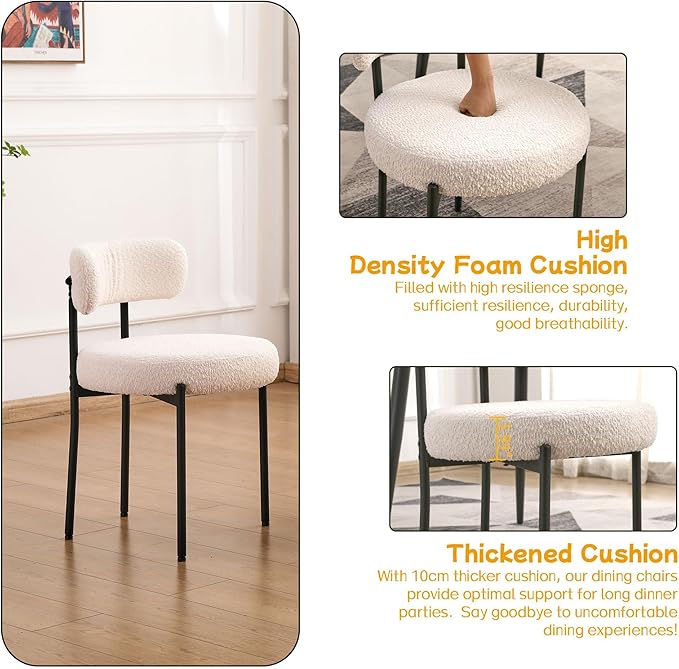 EDWELL White Dining Chairs Set of 6, Modern Dining Room Chairs with 3.94“ Cushions Mid-Century, Round Upholstered Boucle Chairs for Kitchen, Living Room, Kitchen Chairs with Black Metal Legs