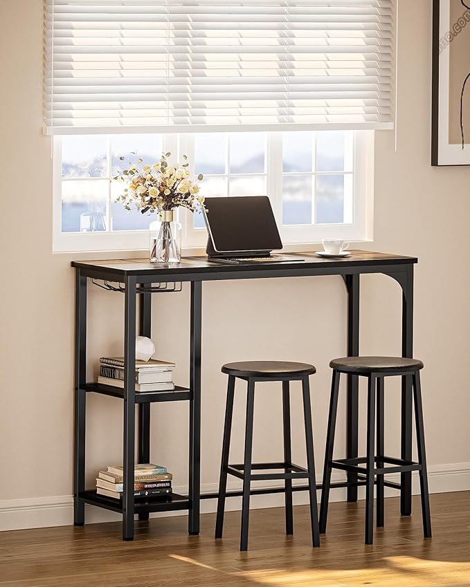 Qsun Small Bar Table Set for 2, Bar Table and Chairs Set for 2, Kitchen Table for 2 with 2 Storage Shelves & Wine Glass Holder, Dining Table for Small Apartment, Dining Room, Black