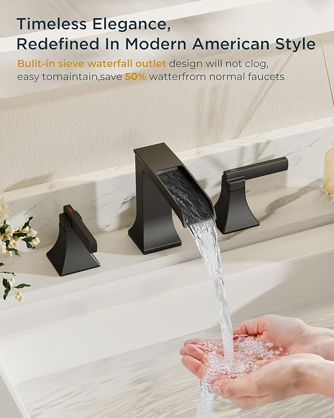 FORIOUS Brass Waterfall Bathroom Faucet for Sink 3 Hole, 2 Handle Square 8 Inch Matte Black Bathroom Faucet Widespread with Pop-up Drain and CUPC Flexible Hoses, Vanity