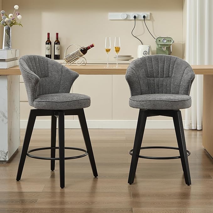 Wing Back Swivel Bar Stools Set of 2 25" Counter Height Adjustable Stools with Solid Wood Legs Chenille Upholstery, Leveling Feet for Kitchen Island, Home Pub or Dining Room, Dark Grey