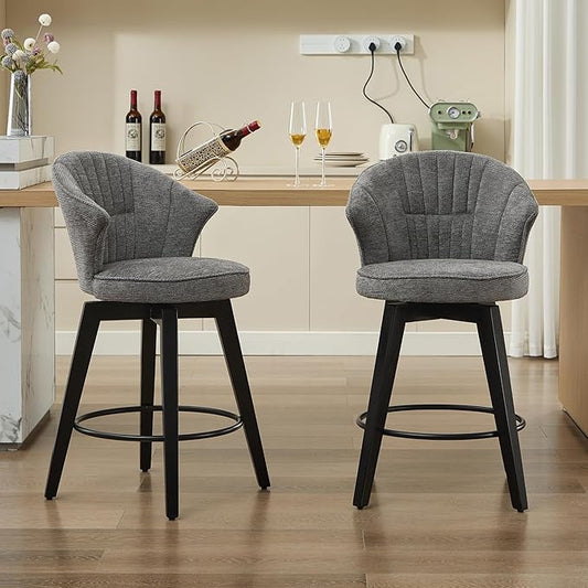 Wing Back Swivel Bar Stools Set of 2-25" Counter Height Upholstered Stools with Solid Wood Legs & Stain-Resistant Chenille, Adjustable Leveling Feet for Kitchen Island, Home Pub, Dark Grey