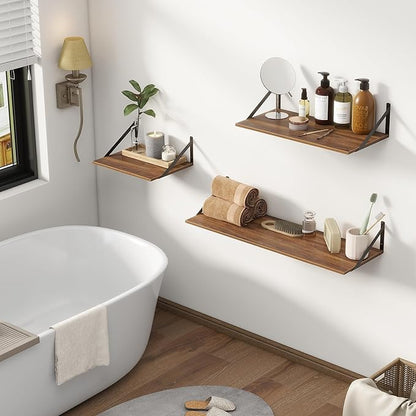 Deep Floating Shelves, 12 Inch Deep Floating Shelves for Wall, 24"W x 12"D Wall Shelves for Books, Large Rustic Wooden Shelf, Wide Display Shelf for Bathroom, Living Room, Walnut Color, Set of 2
