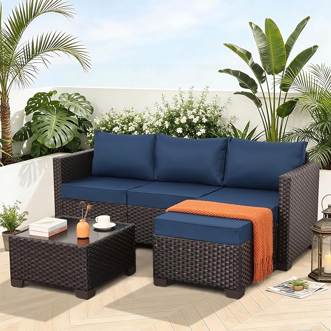 Patio Furniture Set 3 Pieces Outdoor Sectional Sofa Set Wicker Patio Furniture Outdoor Couch Outdoor Ottoman Coffee Table with Storage All-Weather Anti-Slip Cushions Waterproof Covers, Navy Blue