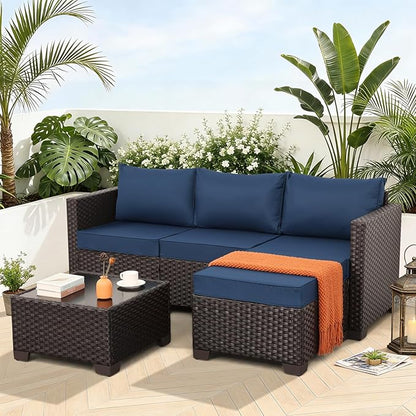 Patio Furniture Set 3 Pieces Outdoor Sectional Sofa Set Wicker Patio Furniture Outdoor Couch Outdoor Ottoman Coffee Table with Storage All-Weather Anti-Slip Cushions Waterproof Covers, Navy Blue