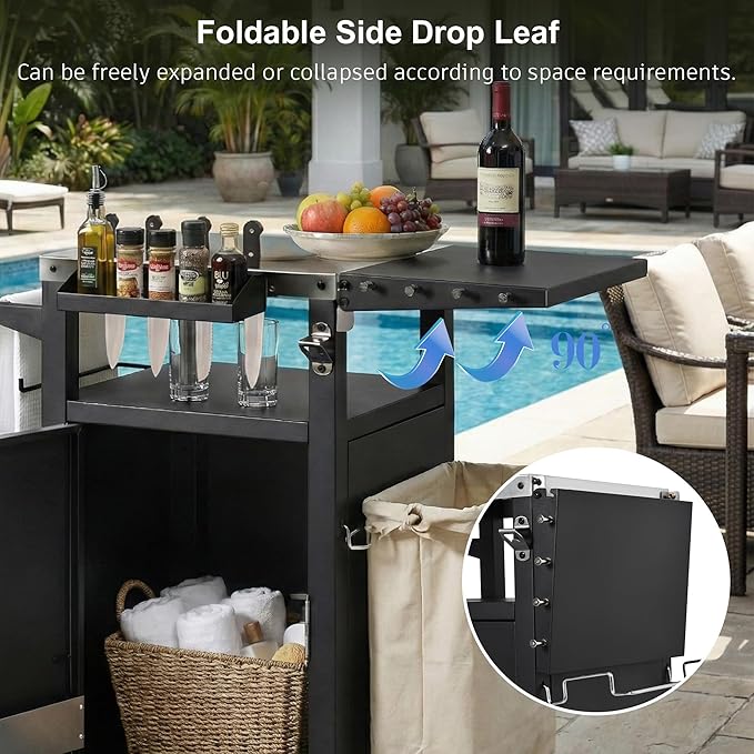 JIJIWANG 33.9" Outdoor Kitchen Island with Stainless Steel Top and Drop Leaf, Rolling Kitchen Cart on Wheels with Storage Cabinet and Spice & Paper Rack for BBQ Waterp, Black
