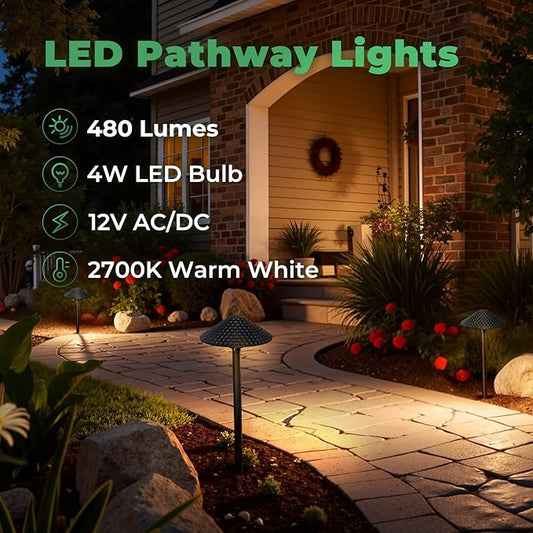Gardencoin Low Voltage Pathway Lights (6.69'' Shade, 21.54'' Tall) 12V Outdoor LED Landscape Pathway Lighting Aluminum Vintage Hammered Path Lights with 4W 2700K Replaceable Bulb, 8 Pack