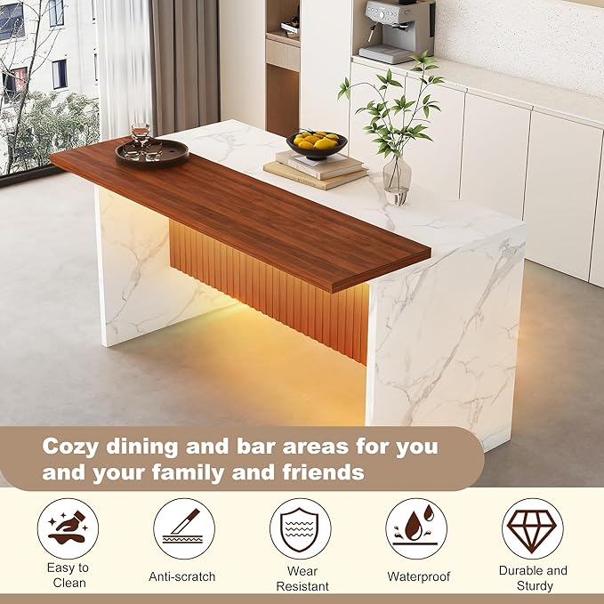 Runboll 63" Large Island Table for Kitchen with Multi-Color LED Lights, Modern Faux Marble Dining Table for 4-6 People, Kitchen Island with Grille Design for Dining Room, Home, Office, Living Room