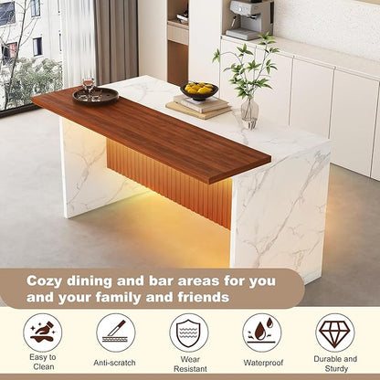 Modern Bar Table and Bar Stools Set, Marble-Look Counter Table with Wood Accent Top & Green Velvet Bar Chairs Set of 2 with Gold Legs, Kitchen Island Pub Table Set for Home Bar, Dining Room