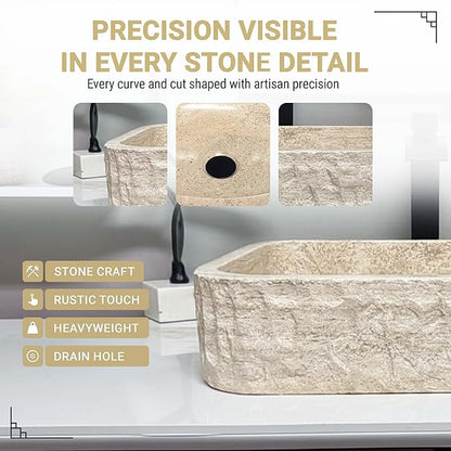 Shades of Nature Rectangular Travertine Vessel Sink, Natural Stone Wash Basin, Hand-Carved Bathroom Sink, Chiseled Exterior, Polished Interior, Above Counter Vanity (Soap Tray Included)