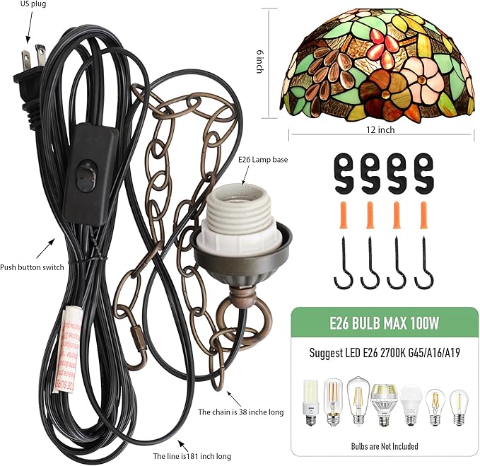 Tiffany Pendant Light Plug-in Stained Glass Hanging Lamp 12”x12”x181” Grape Swag Light Vintage Lighting for Dining Room Living Room Kitchen Hallway Bedroom