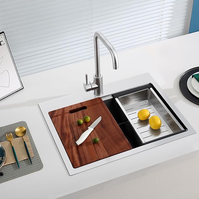 23-Inch Drop in Workstation Kitchen Sink - TSIBOMU 18 Gauge Stainless Steel Single Faucet Hole Single Bowl Topmount Handmade Kitchen Sink, Brushed