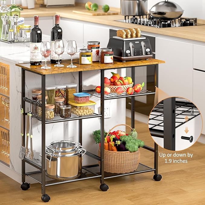 ThreeHio Kitchen Microwave Cart, Microwave Stand with Adjustable Shelf, Coffee Bar Stand Kitchen Baker's Rack with Wheels Rolling Storage Cart Organizer Shelf for Living Room, Office, Balcony