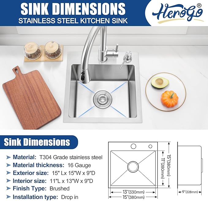 Herogo 15×15 Inch Drop In Kitchen Sink, Small Utility Deep Single Bowl Sink, Handmade for Rv Bar Laundry Room Outdoor Farmhouse
