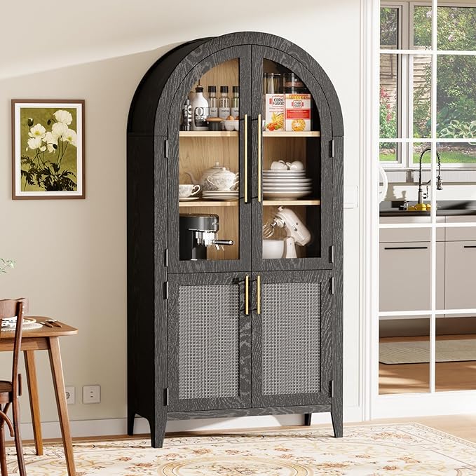 63" Arched Storage Cabinet, 5-Tier Modern Arched Cabinet with Glass Doors, Tall Arched Cabinet Adjustable for Living Room, Dining Room Office, Black ﻿