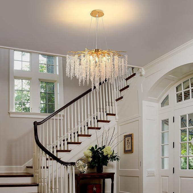 Crystal Tree Branches Chandeliers Gold Luxury Round Raindrop Pendant Light Fixture 9 Light Tassel Ceiling Hanging Light for Dining Room Bedroom Living Room Entryway 23.7"