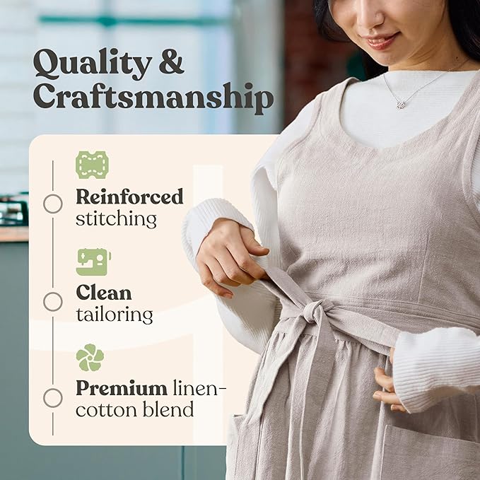 HANEE Linen Cross Back Apron for Women with Pockets - Japanese, Korean Style No Tie Pinafore Smock for Kitchen Cooking Garden