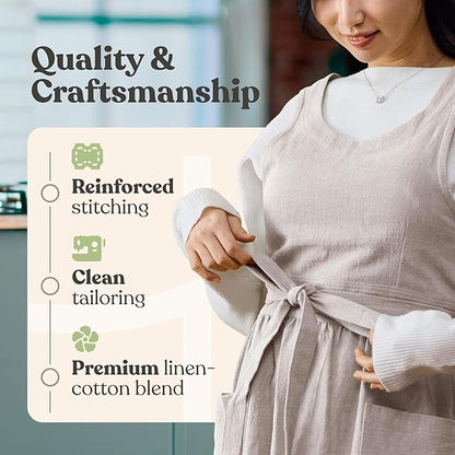 HANEE Linen Cross Back Apron for Women with Pockets - Japanese, Korean Style No Tie Pinafore Smock for Kitchen Cooking Garden