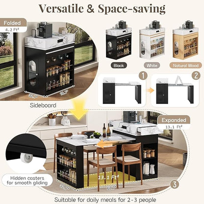 Versatile Extendable Dining Table with Hidden Wheels and Drawers, Farmhouse Kitchen Island with Charging Station and Glass-Door, Sideboard for Kitchen and Dining Room (Black)