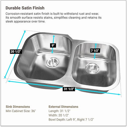 MSI 31 inch Undermount 60/40 Double Bowl 18 Gauge Stainless Steel Kitchen Sink and Strainer