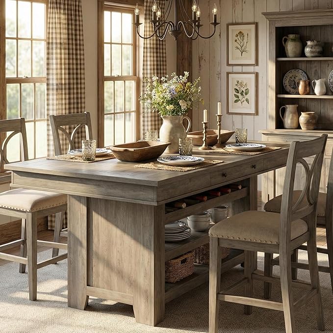 Garvee Counter Height Dining Table with 2 Drawers, 36" Farmhouse Wooden Large Bar Kitchen Table with Wine Rack & 3 Shelves, Rectangular, Thick Frame for Kitchen, Bar & Entertaining, Retro Gray