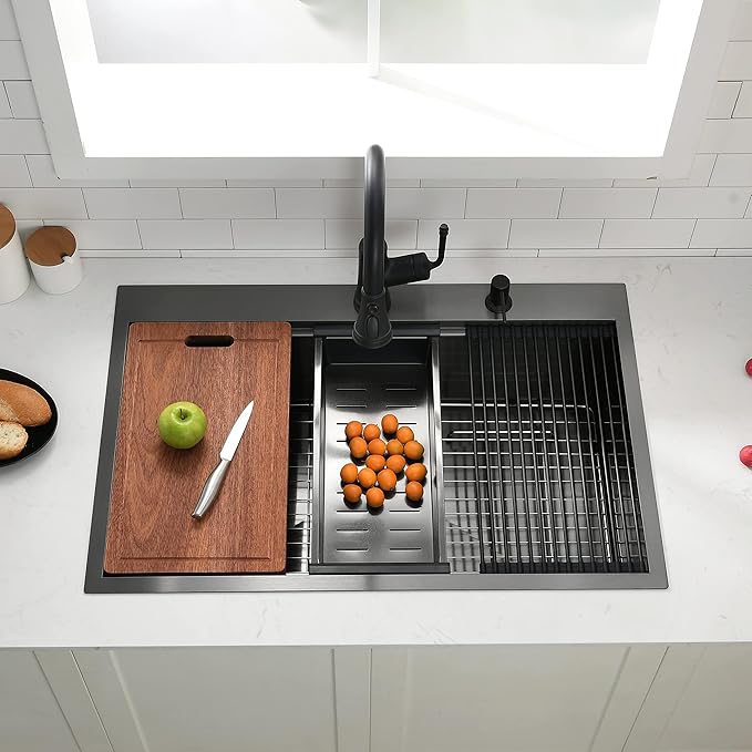 33 Inch Black Drop In Kitchen Sink, Swift Horse 33x22 Inch 16-Gauge Black Stainless Steel Single Bowl Workstation Kitchen Sinks with Accessories for Kitchen Remodel