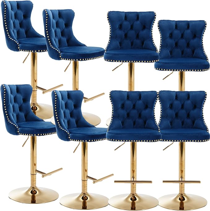 Rhomtree Velvet Swivel Bar Stools Upholstered Bar Stool with Button Tufted Back and Pull Ring Height Adjustable Barstools 25-33 Inch for Home Pub and Kitchen Island (Blue with Gold Base, Set of 8)