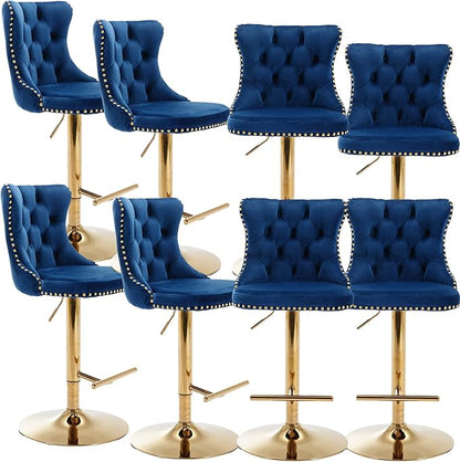 Rhomtree Velvet Swivel Bar Stools Upholstered Bar Stool with Button Tufted Back and Pull Ring Height Adjustable Barstools 25-33 Inch for Home Pub and Kitchen Island (Blue with Gold Base, Set of 8)