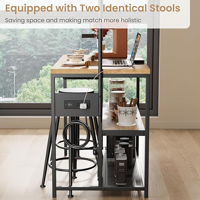 Garvee Kitchen Island with Power Outlet & 2 Bar Stools, Industrial Bakers Rack with 3-Tier Shelves & 5 Hooks, Microwave Stand Coffee Bar Table for Dining Room, Living Room, Apartment