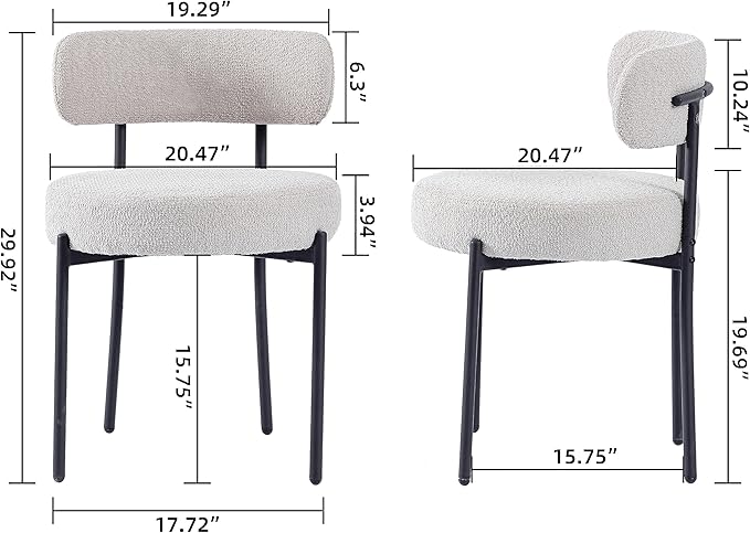 EDWELL Boucle Dining Chairs Set of 2, Round Upholstered Dining Room Chairs with Black Metal Legs, Modern Kitchen Dining Room Chairs for Kitchen, Living Room