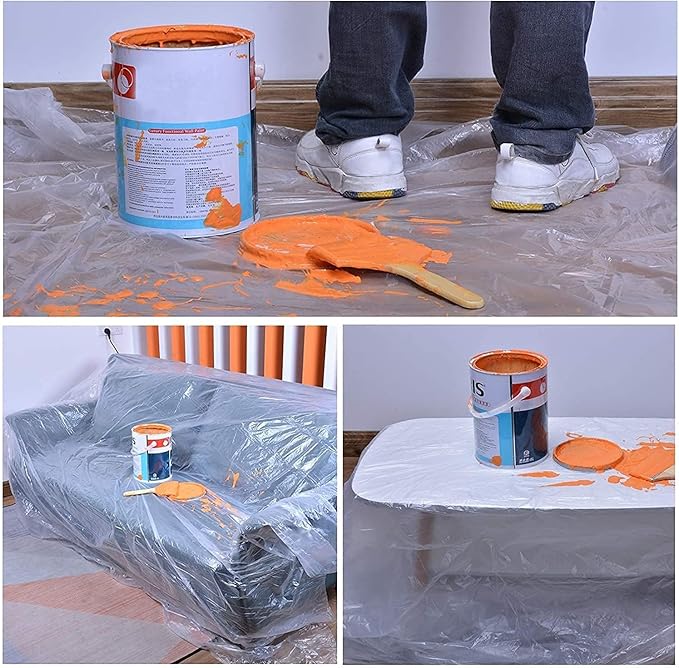 Plastic Drop Cloths for Painting, 10 Pcs 9x12ft Plastic Sheeting Tarp Waterproof Dustproof Almost Tear Resistance Multi-Purpose Furniture Cover Floor Wall Protection Film