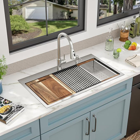 33 Kitchen Sink Drop In - Fulorni 33"x19" Ledge Workstation Top Mount 16 Gauge 304 Stainless Steel Over Mount Single Bowl Sink Basin with Faucet, Soap Dispenser