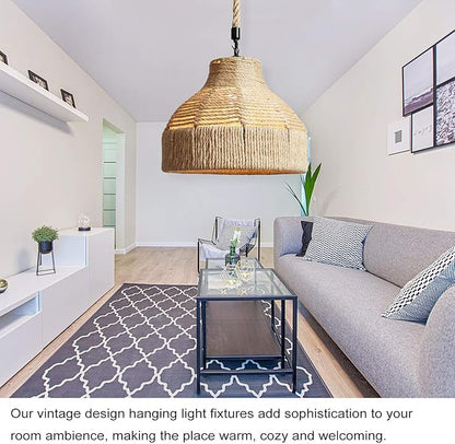 GWY Hemp Rope Weaved Pendant Lamp, Retro Natural Rattan Handmade Woven E27 Chandelier Hanging Light Ceiling Lighting Fixture for Living Room Bedroom Restaurant Cafe Teahouse Bar Dining Room Club