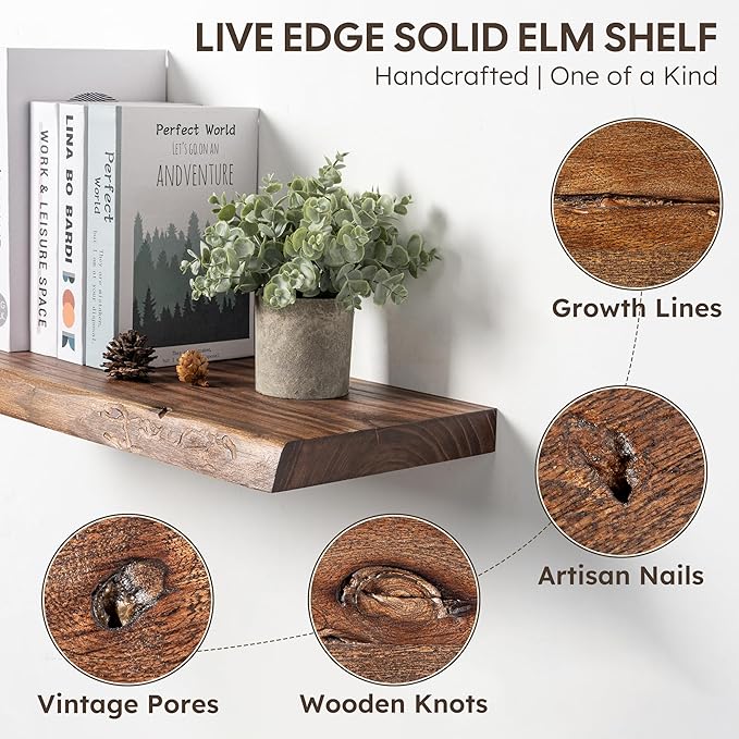 Live Edge Floating Shelf, 40 Inch Solid Elm Wood - Vintage Rustic Wood Wall Shelf with Invisible Brackets for Living Room, Kitchen, Bathroom