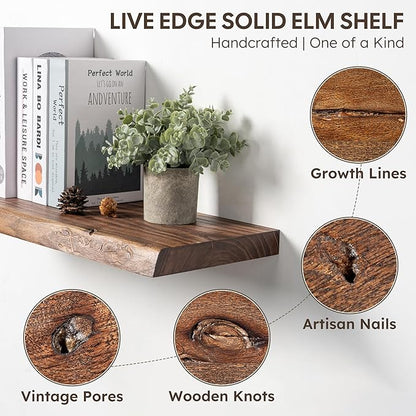 Live Edge Floating Shelf, 40 Inch Solid Elm Wood - Vintage Rustic Wood Wall Shelf with Invisible Brackets for Living Room, Kitchen, Bathroom