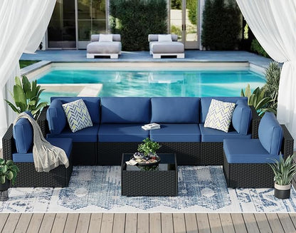 7-Piece Outdoor Patio Furniture Set, Modular PE Rattan Sectional Sofa with Thick Cushions & Glass Coffee Table, Weather-Resistant Wicker Conversation Set for Poolside, Balcony, Garden, Aegean Blue