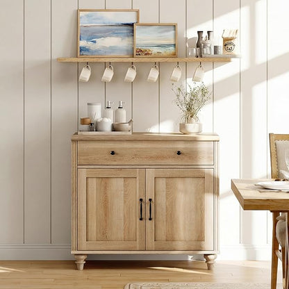 WAMPAT 34’‘ Oak Buffet Cabinet with Doors and Drawer, Wood Kitchen Storage Cabinet Modern Farmhouse Coffee Bar Table Sideboard Credenza for Dining Room