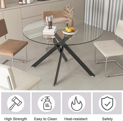 Round Glass Dining Table,Glass Dining Room Table with Tempered Glass Tabletop and Metal Legs, Modern Style Round Kitchen Table for Home, Kitchen, Dining Room