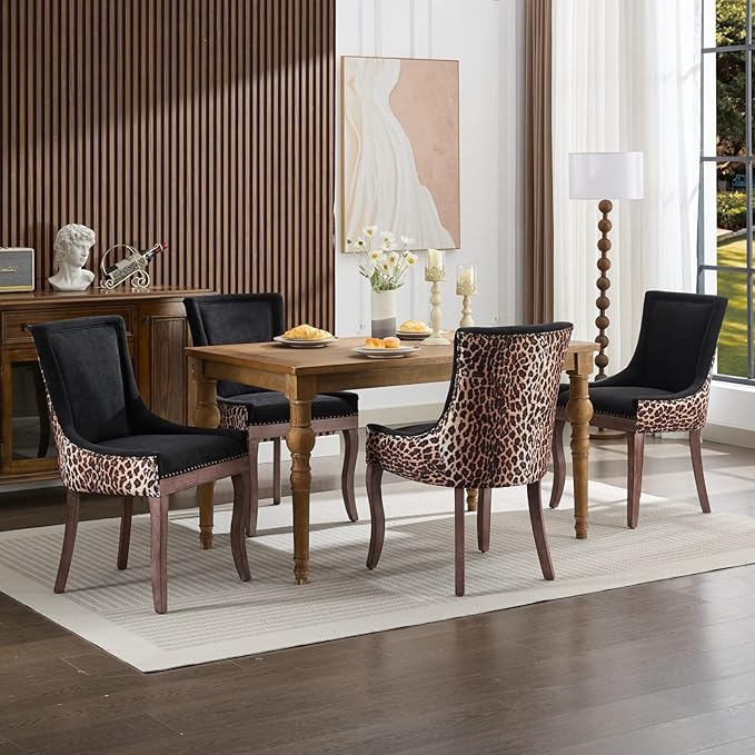 Ball & Cast Mid-century Upholstered Dining Chairs Set of 2, Thickened Fabric Wing Back Kitchen Side-Chairs with Bronze Nail Head & Toned Solid Wood Legs, Two Tone Traditional Chair,Black+Leopard Print