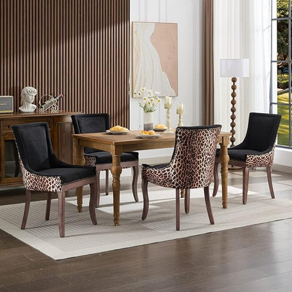 Ball & Cast Mid-century Upholstered Dining Chairs Set of 2, Thickened Fabric Wing Back Kitchen Side-Chairs with Bronze Nail Head & Toned Solid Wood Legs, Two Tone Traditional Chair,Black+Leopard Print