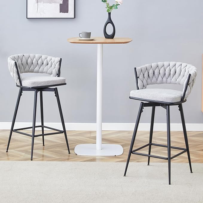 Set of 2 Swivel Bar Stools with Breathable Linen Cushions Light Gray Seat Black Iron Frame, Counter Height Stools for Kitchen Island, Dining or Pub