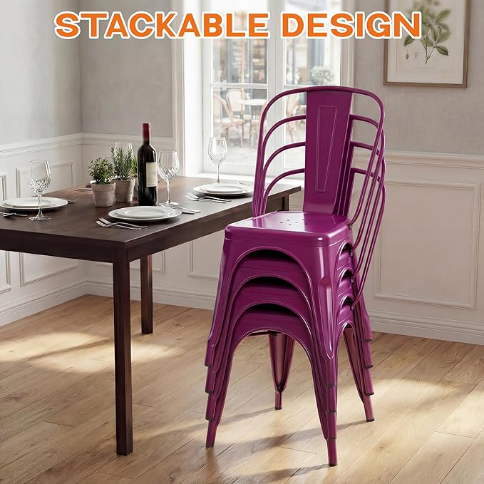 Shahoo Metal Dining Chairs Classic Iron Stackable Industrial Vintage Trattoria with Back, Indoor-Outdoor Side Settee for Home Bistro Cafe Kitchen Restaurant Set of 4, Purple