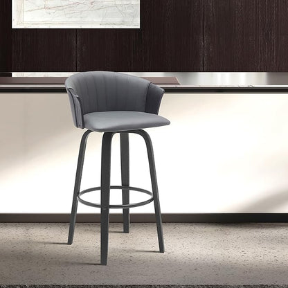 Armen Living Diana 26" Seat Height Mid Century Modern Swivel Black Wood Bar Stool for Kitchen Island Counter in Gray Faux Leather