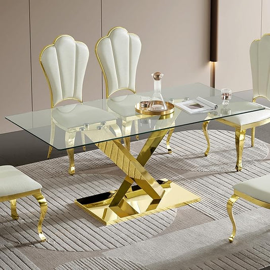 70" Rectangle Glass Dining Table for 6, Modern Luxury Kitchen Table with Clear Tempered Glass Top & X-Shape Gold Stainless Steel Mirrored Base