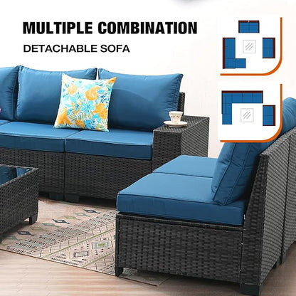 JOYURE 9 Pieces Patio Furniture Set All-Weather Outdoor Wicker Sectional Conversation Sofa Rattan Patio Seating Sofa with Cushion and Glass Table for Porch Poolside,Peacock Blue