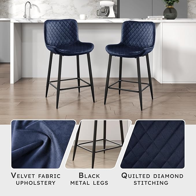 Lexicon Counter Stools Set of 2 - Counter Height Stools for Kitchen Table, Solid Padded Back, Black Metal Finish and Blue Velvet Cushion Seat, 24''SH