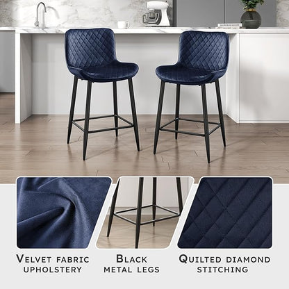 Lexicon Counter Stools Set of 2 - Counter Height Stools for Kitchen Table, Solid Padded Back, Black Metal Finish and Blue Velvet Cushion Seat, 24''SH
