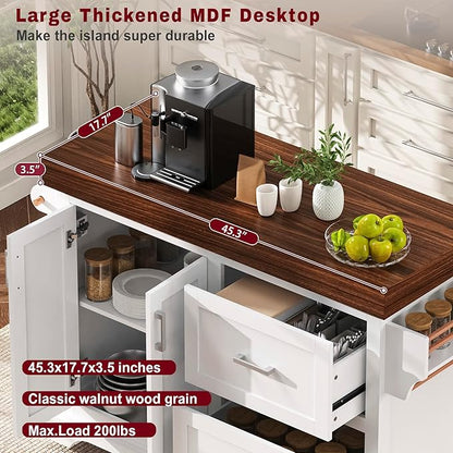 53" Large Kitchen Island with 3.5" Thick Desktop, Spice and Towel Racks, Rolling Kitchen Island with Storage on 5 Wheels, 2 Extra-Large Drawers, for Home, Kitchen, Dining Room, White