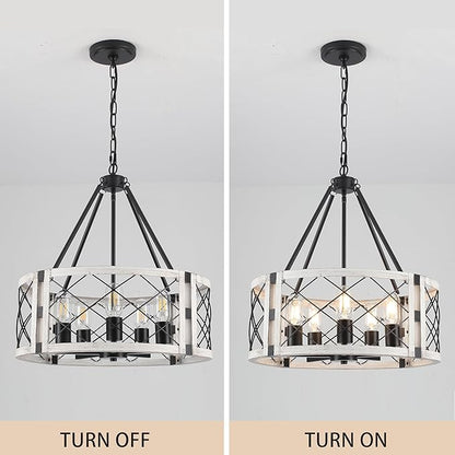 Rustic Farmhouse Chandelier, 19.8 inch 5-Light White Round Dining Room Lighting Fixtures Hanging Pendant Lighting for Kitchen Island Entryway Foyer Bedroom Hallway